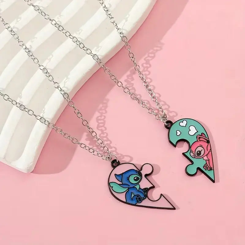 Stitch & Angel Friendship Necklace Set – Matching Heart Puzzle Pendant for Best Friends or Couples