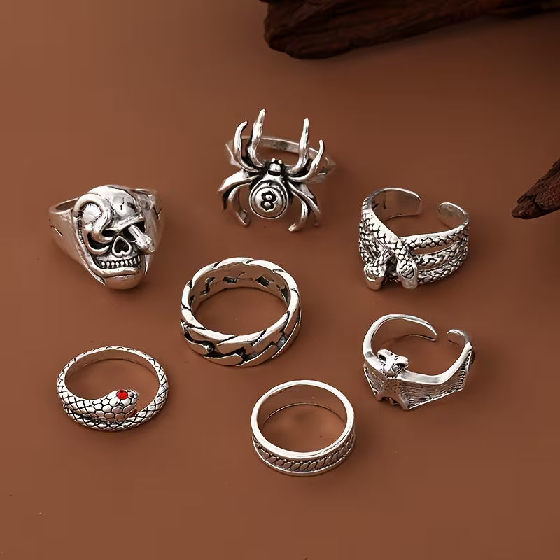 Gothic Punk Ring Set – 7PCS Vintage Silver Rings for Men & Women (Spider, Skull, Dragon & More)