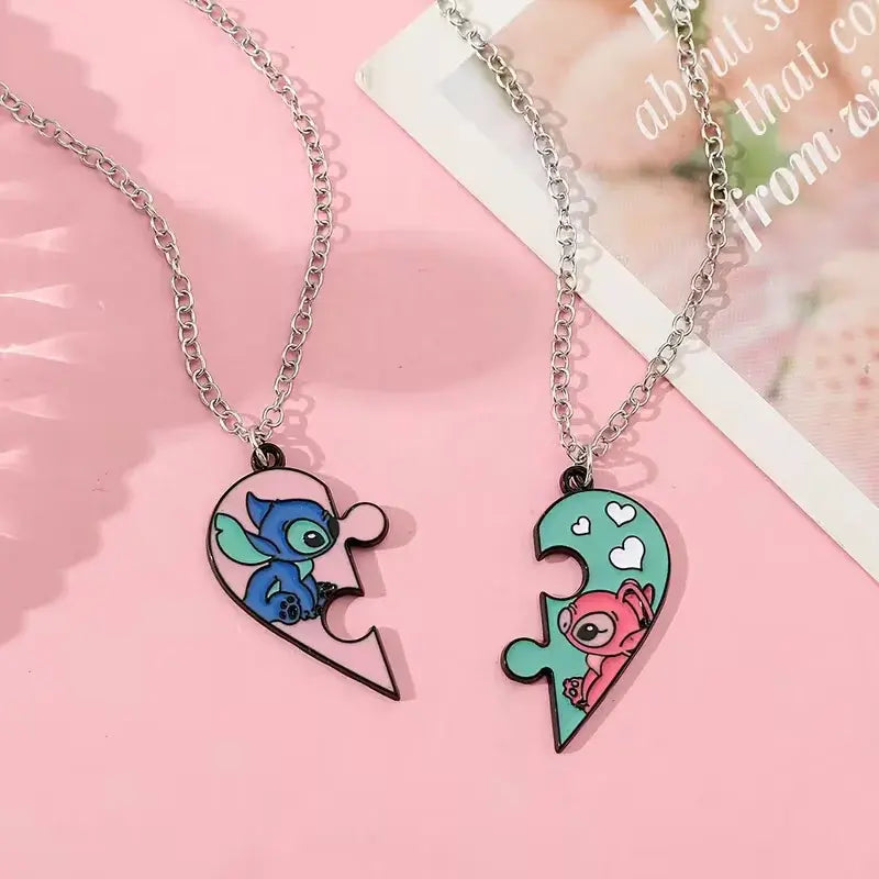 Stitch & Angel Friendship Necklace Set – Matching Heart Puzzle Pendant for Best Friends or Couples