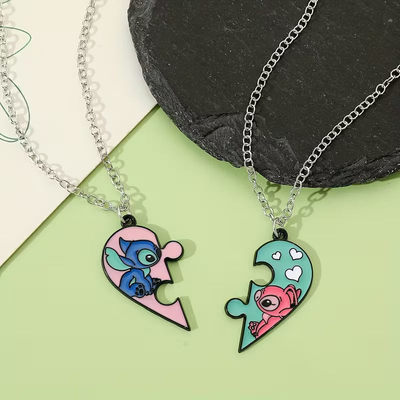 Stitch & Angel Friendship Necklace Set – Matching Heart Puzzle Pendant for Best Friends or Couples