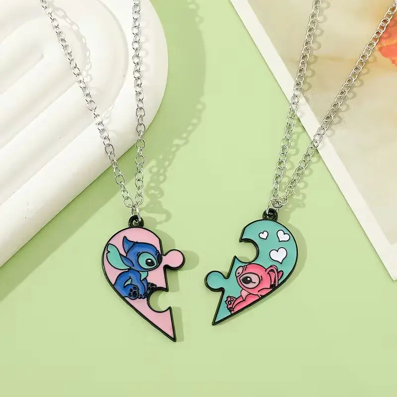 Stitch & Angel Friendship Necklace Set – Matching Heart Puzzle Pendant for Best Friends or Couples