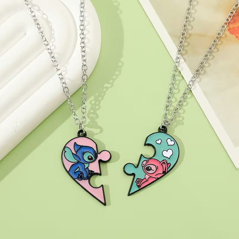 Stitch & Angel Friendship Necklace Set – Matching Heart Puzzle Pendant for Best Friends or Couples