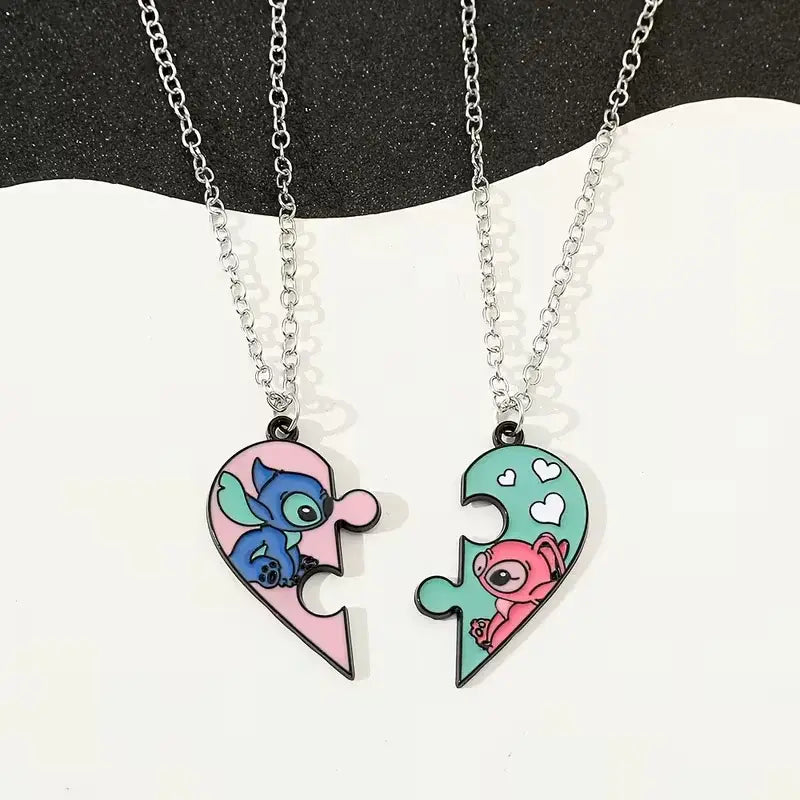 Stitch & Angel Friendship Necklace Set – Matching Heart Puzzle Pendant for Best Friends or Couples