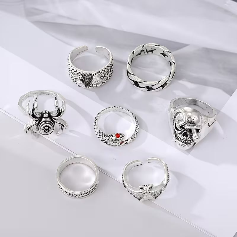 Gothic Punk Ring Set – 7PCS Vintage Silver Rings for Men & Women (Spider, Skull, Dragon & More)
