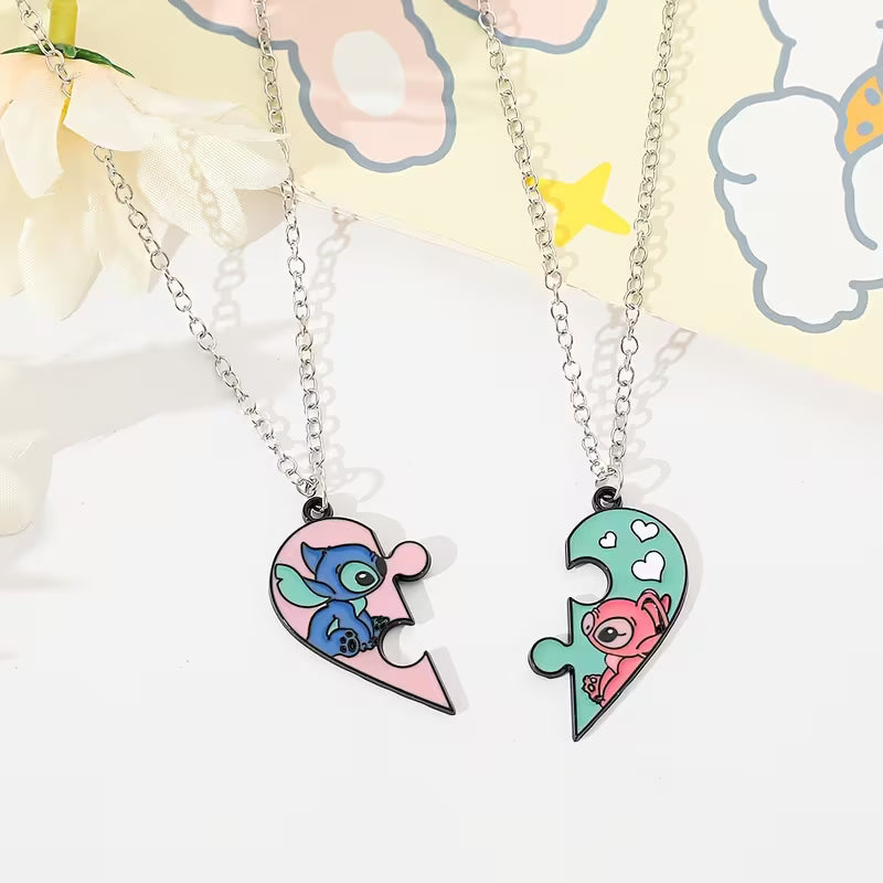 Stitch & Angel Friendship Necklace Set – Matching Heart Puzzle Pendant for Best Friends or Couples