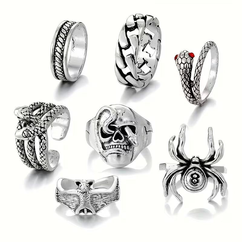Gothic Punk Ring Set – 7PCS Vintage Silver Rings for Men & Women (Spider, Skull, Dragon & More)