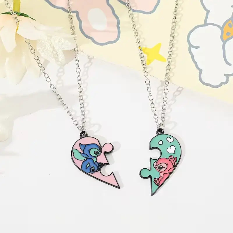 Stitch & Angel Friendship Necklace Set – Matching Heart Puzzle Pendant for Best Friends or Couples