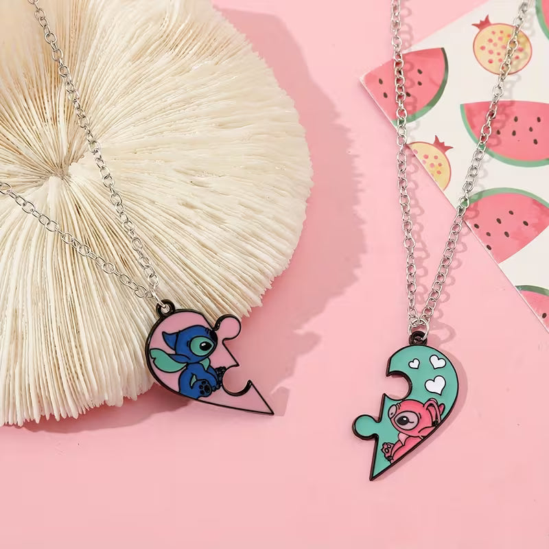 Stitch & Angel Friendship Necklace Set – Matching Heart Puzzle Pendant for Best Friends or Couples