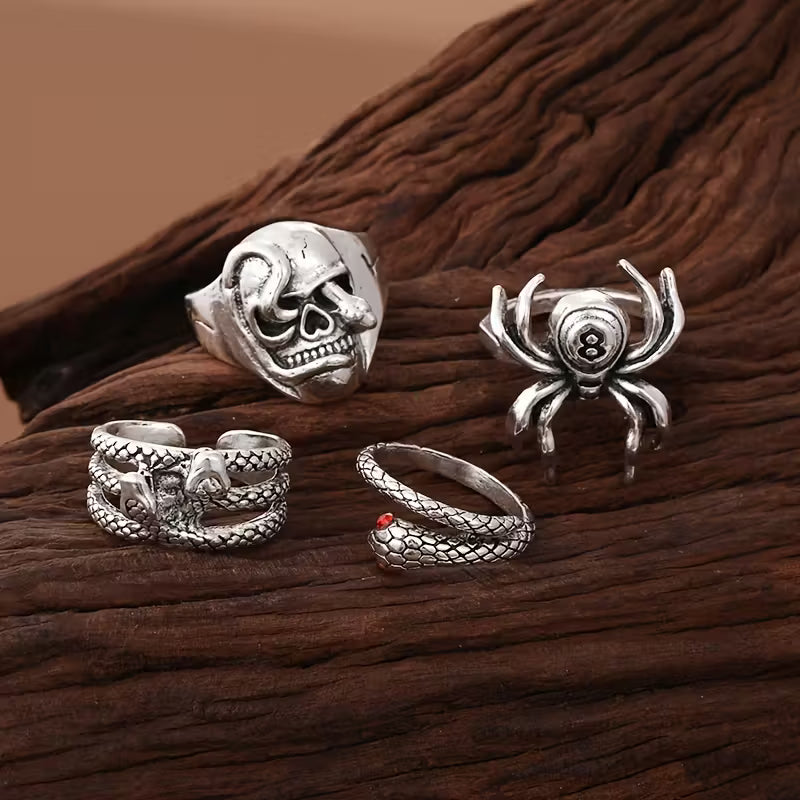 Gothic Punk Ring Set – 7PCS Vintage Silver Rings for Men & Women (Spider, Skull, Dragon & More)