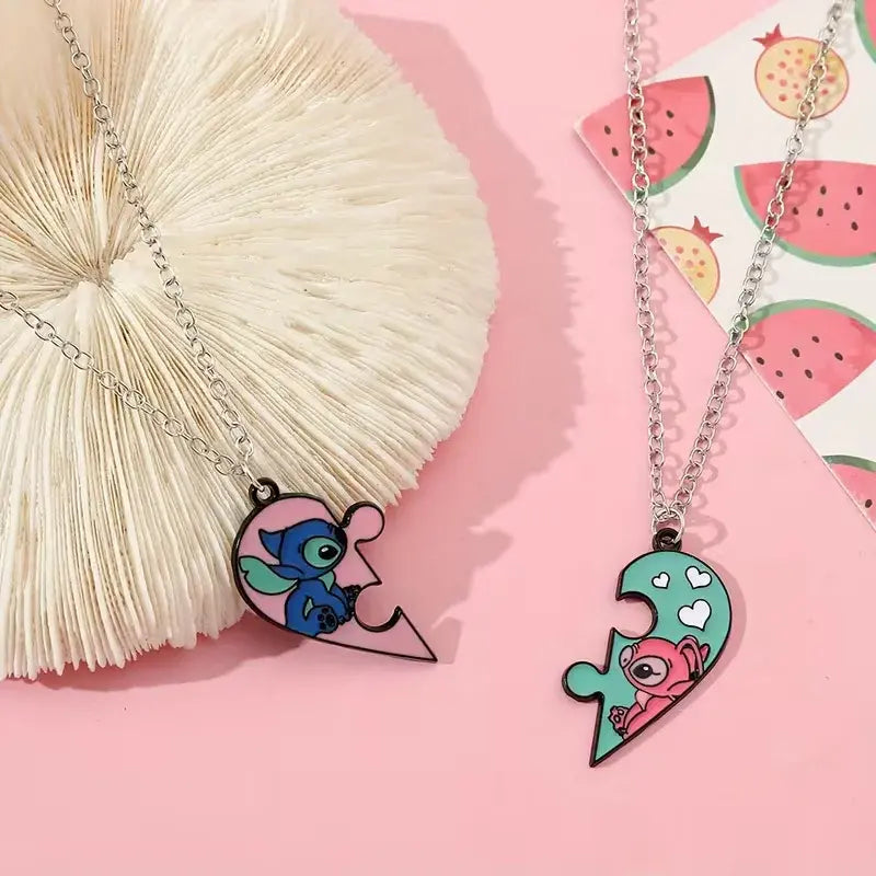 Stitch & Angel Friendship Necklace Set – Matching Heart Puzzle Pendant for Best Friends or Couples