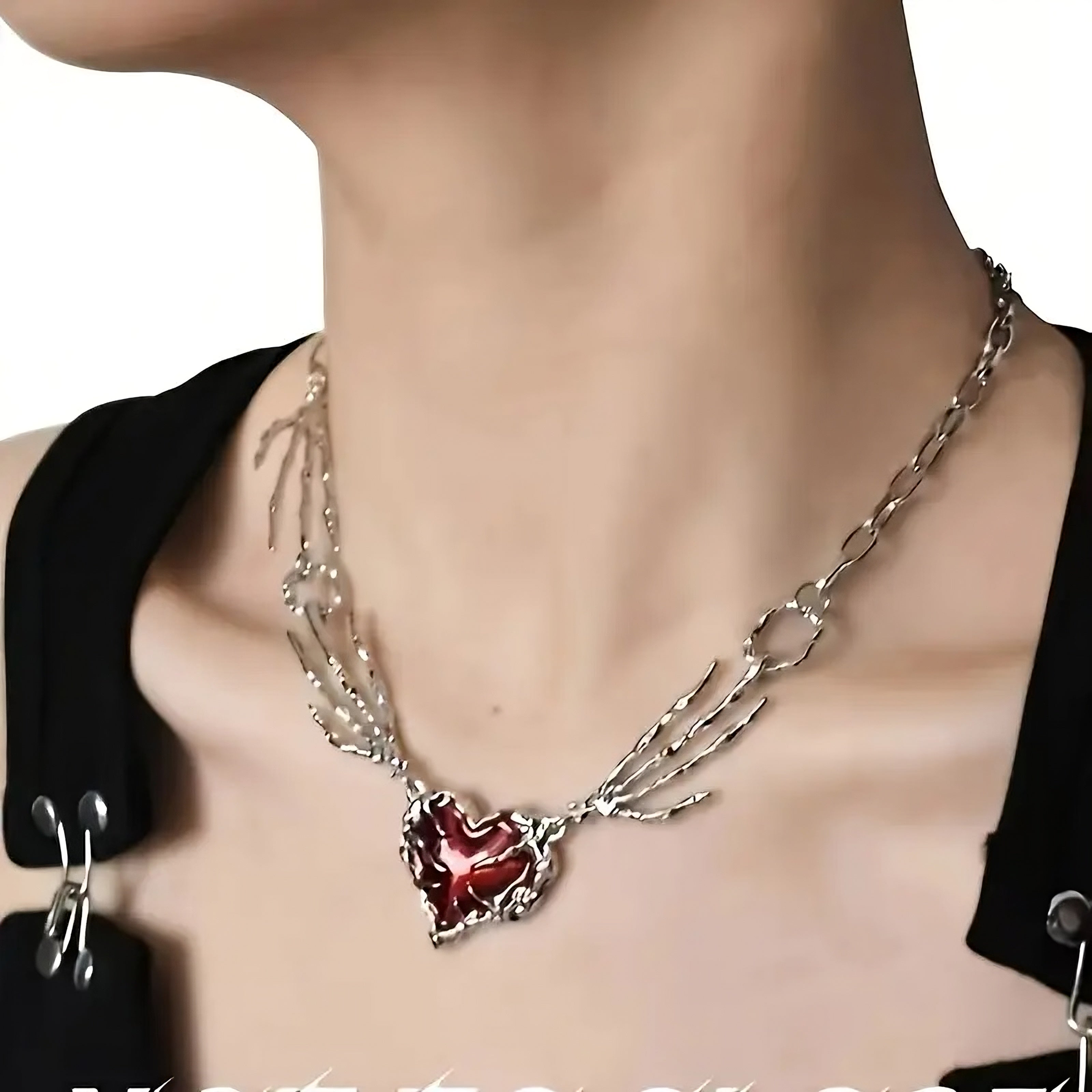 Skeleton Hands Heart Necklace – Gothic Red Crystal Pendant