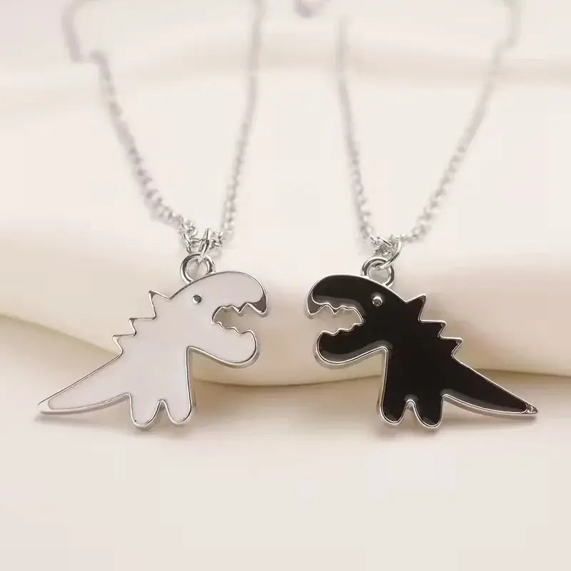 Dinosaur Best Friend Necklace Set – Matching Black & White Dino Pendants for Friends or Couples
