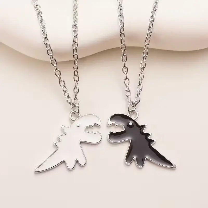 Dinosaur Best Friend Necklace Set – Matching Black & White Dino Pendants for Friends or Couples