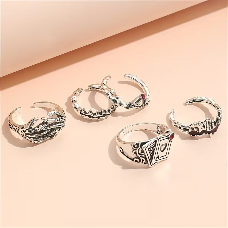 Gothic Skeleton & Vampire Ring Set – 5PCS Vintage Punk Rings for Men & Women