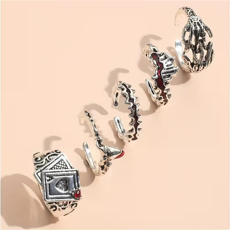 Gothic Skeleton & Vampire Ring Set – 5PCS Vintage Punk Rings for Men & Women