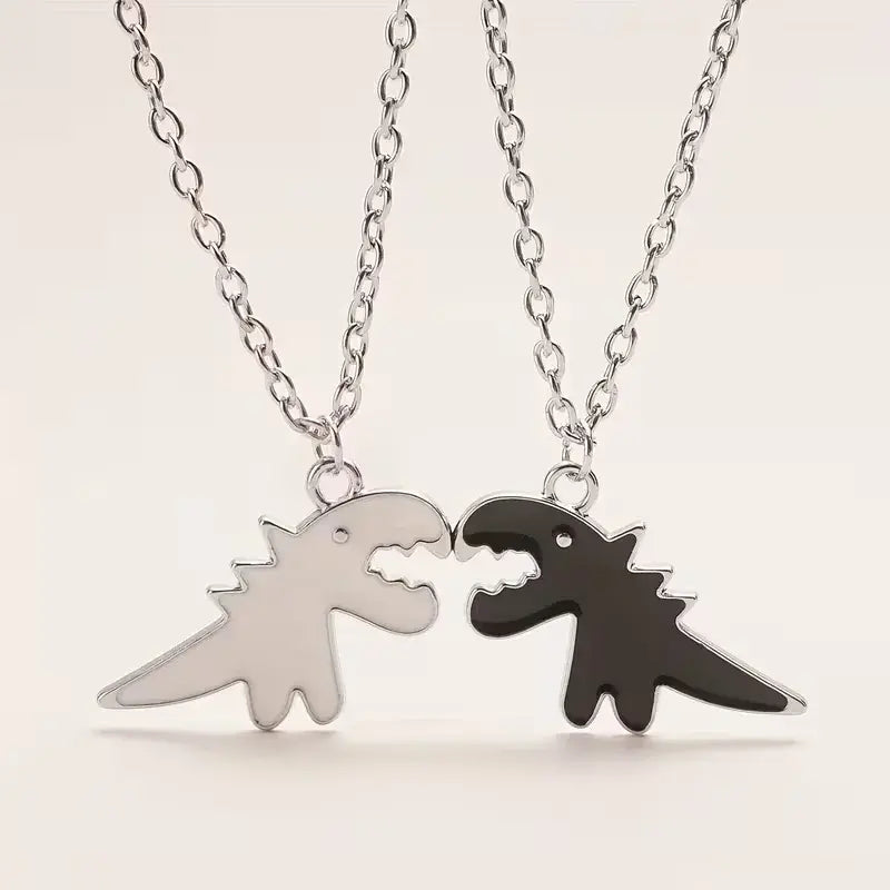 Dinosaur Best Friend Necklace Set – Matching Black & White Dino Pendants for Friends or Couples