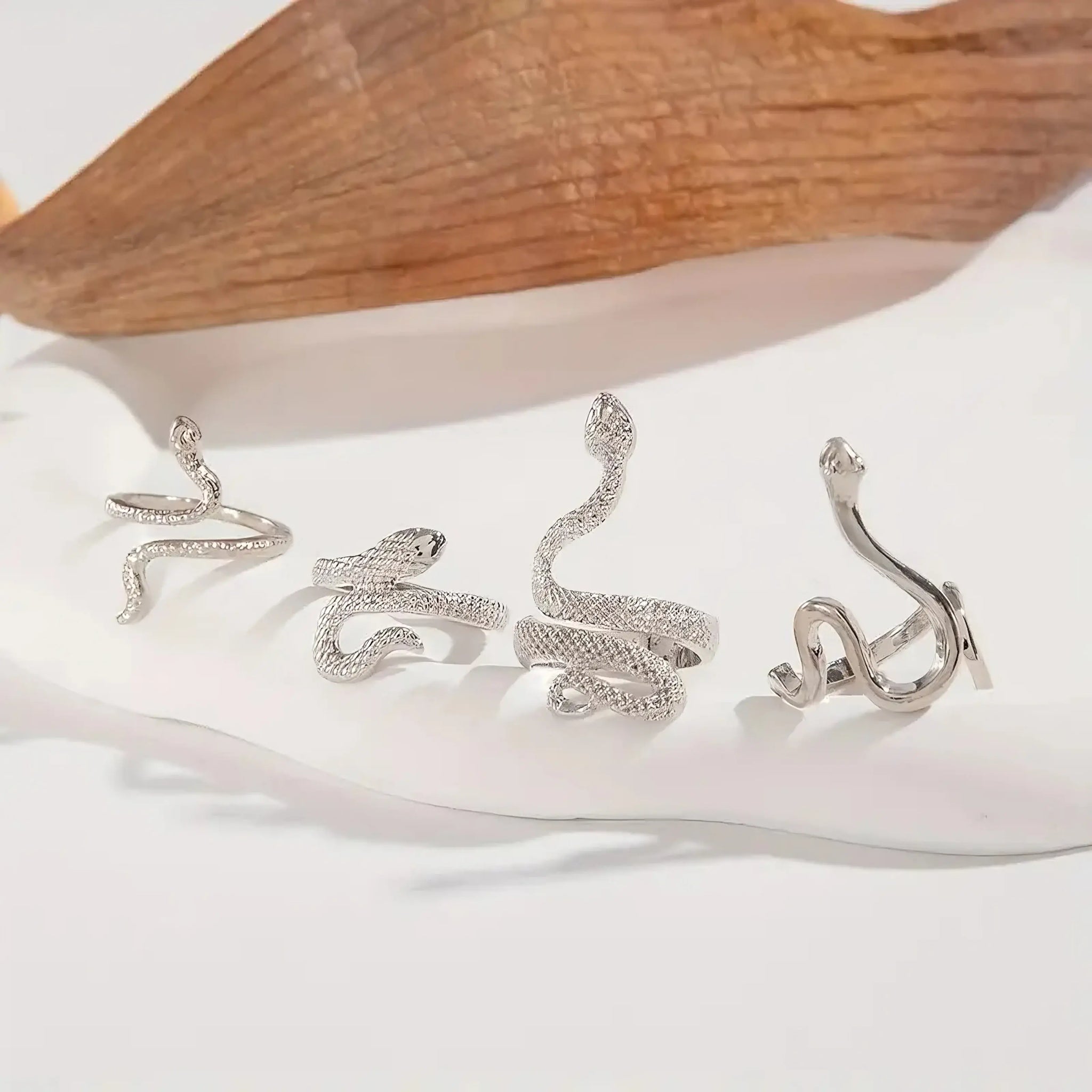 “Silver Snake Ring Set – Adjustable Serpent Rings for Women”