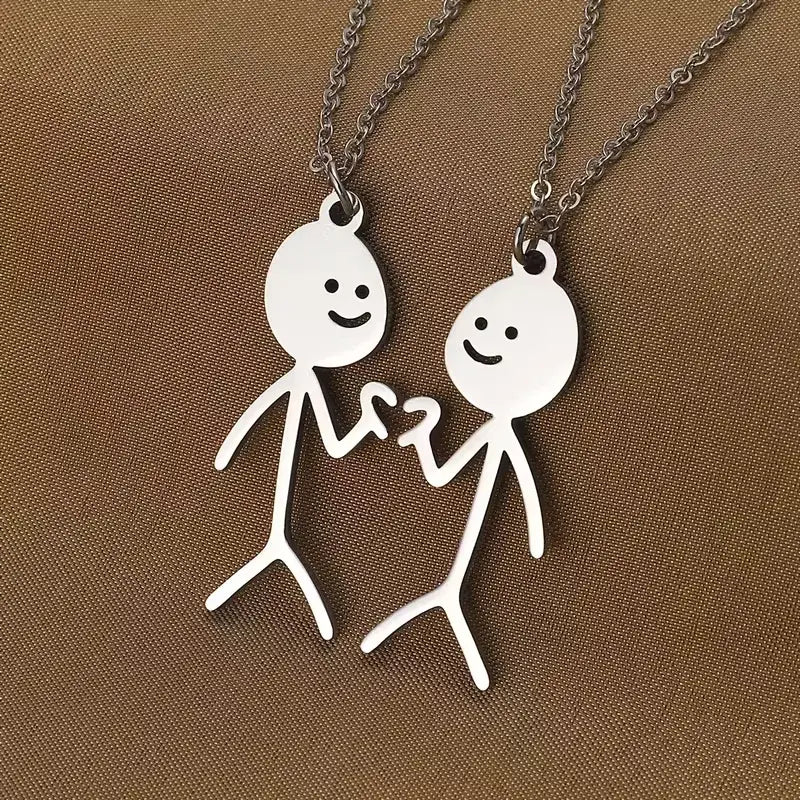 Minimalist Stick Figure Best Friend Necklace Set – Matching Stainless Steel Pendants