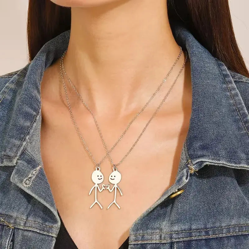 Minimalist Stick Figure Best Friend Necklace Set – Matching Stainless Steel Pendants