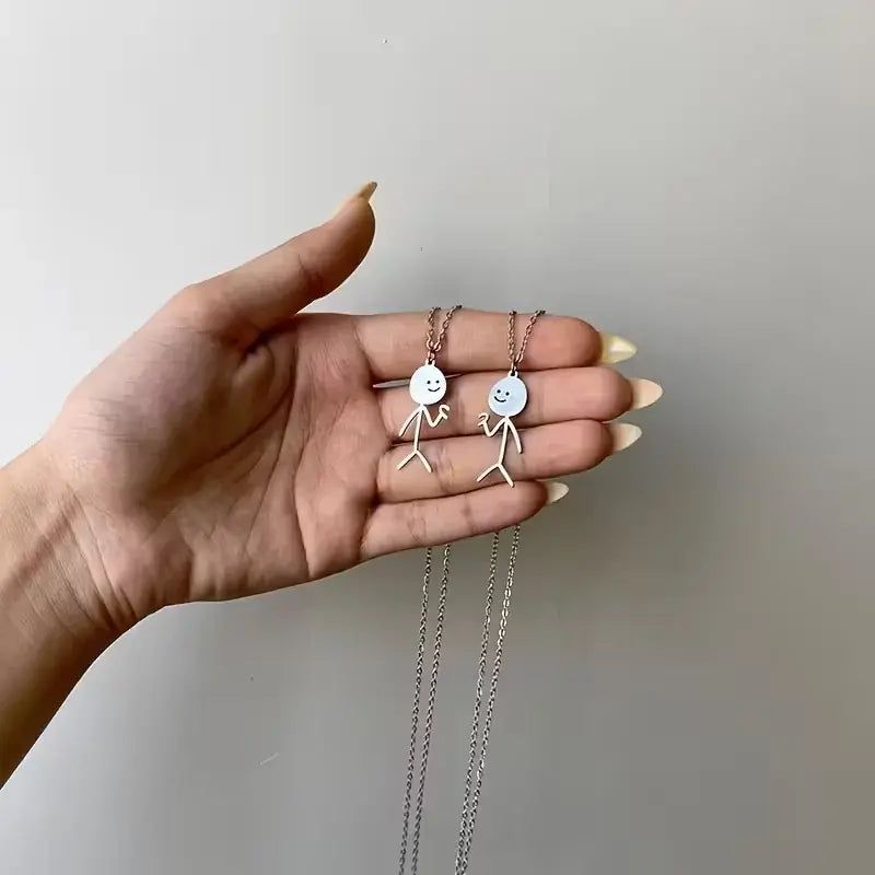 Minimalist Stick Figure Best Friend Necklace Set – Matching Stainless Steel Pendants