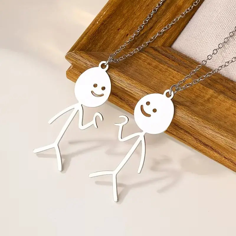 Minimalist Stick Figure Best Friend Necklace Set – Matching Stainless Steel Pendants
