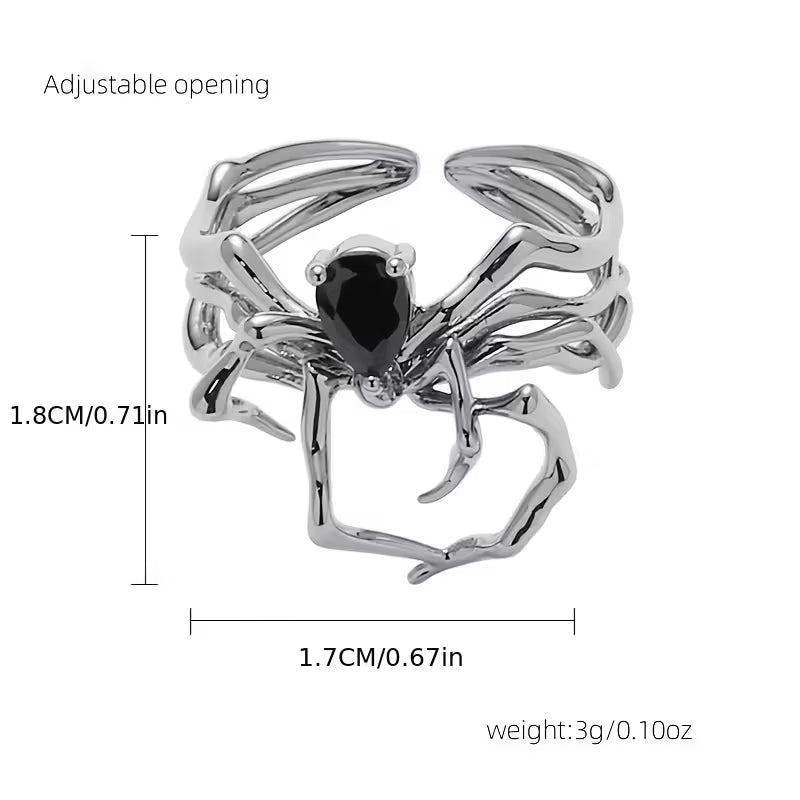 Gothic Spider Ring Set – 3PCS Adjustable Silver Rings with Black Gemstone Detail