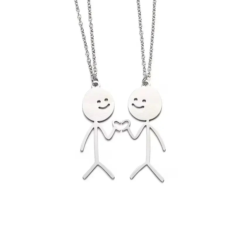 Minimalist Stick Figure Best Friend Necklace Set – Matching Stainless Steel Pendants