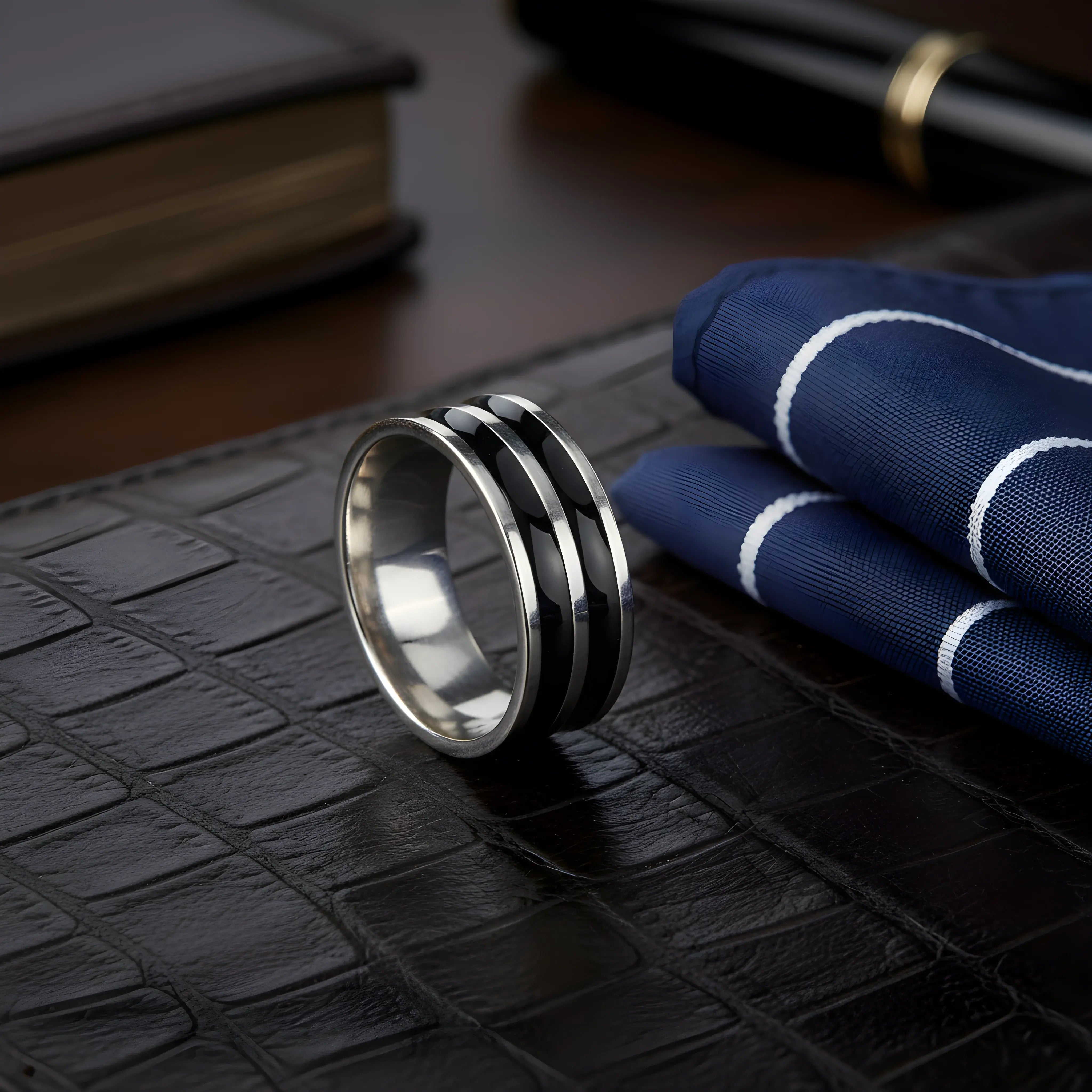 Dual Black Stripe Steel Ring 6.2cm