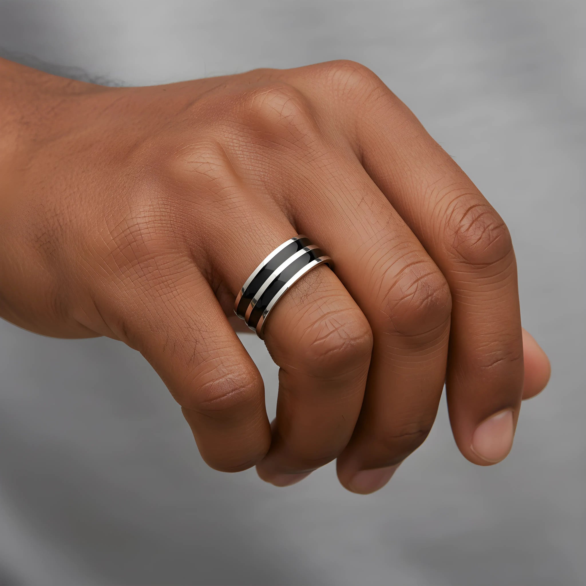 Dual Black Stripe Steel Ring 6.2cm