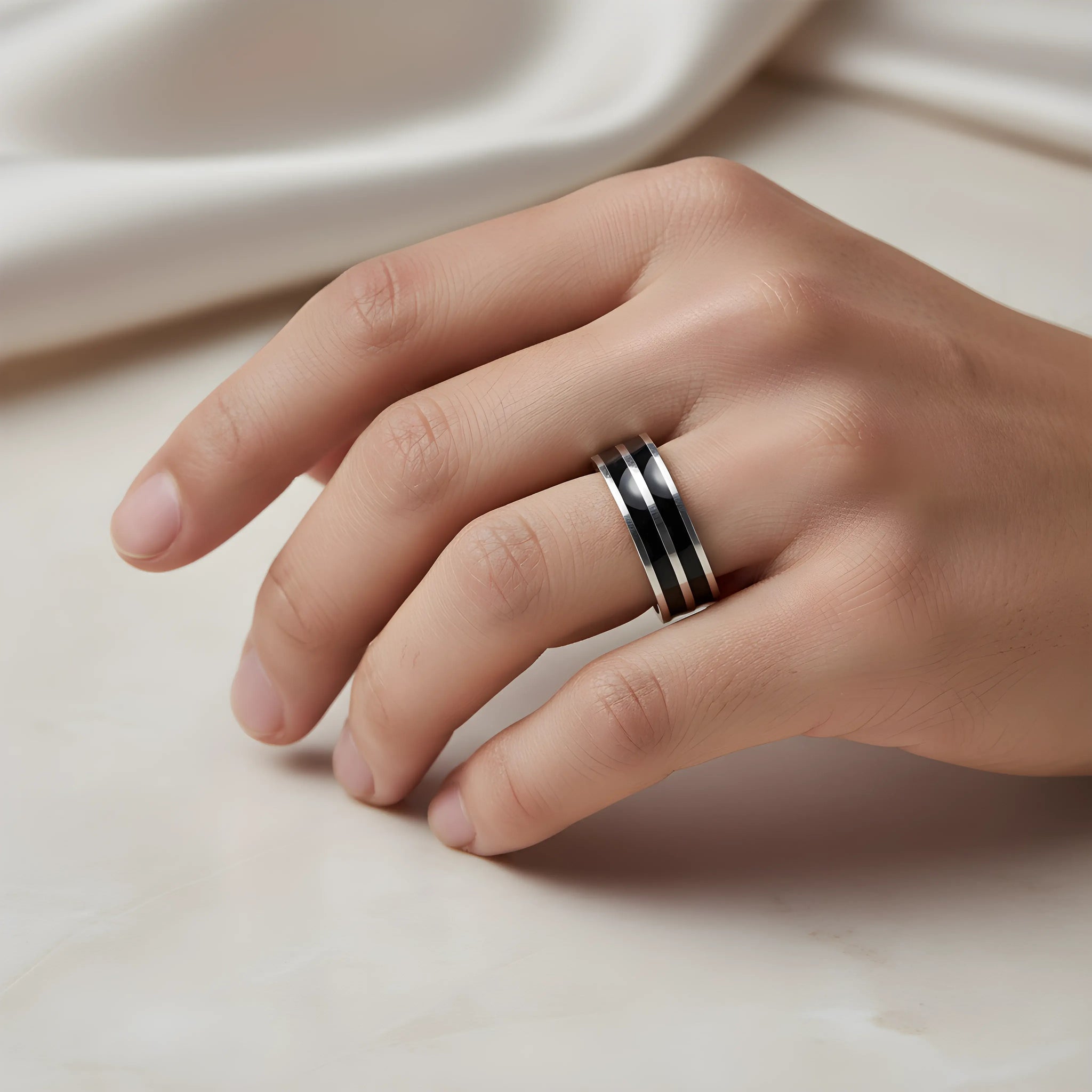 Dual Black Stripe Steel Ring 6.2cm