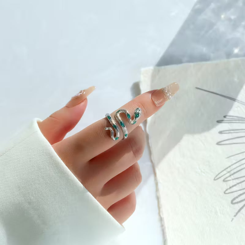 Adjustable Snake Ring – Silver Serpent Ring with Green Crystal Details
