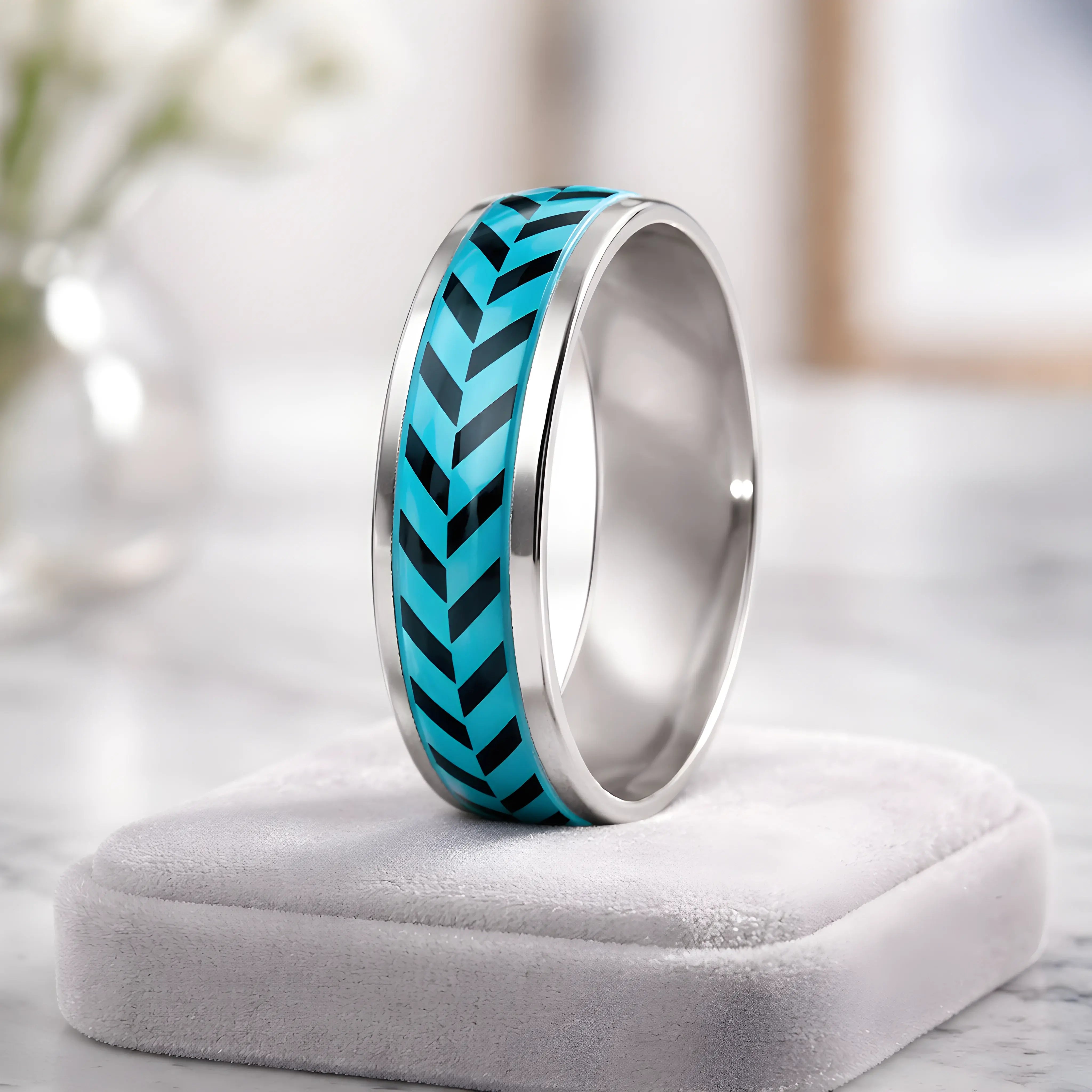 Blue Chevron Inlay Titanium Ring 6.7cm