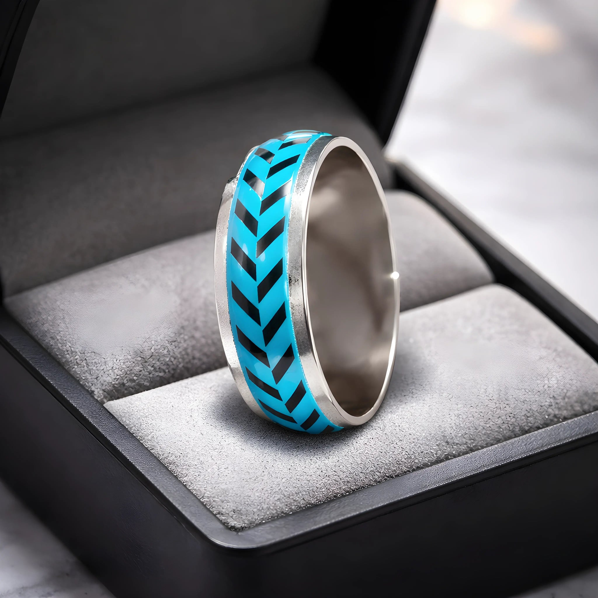 Blue Chevron Inlay Titanium Ring 6.7cm
