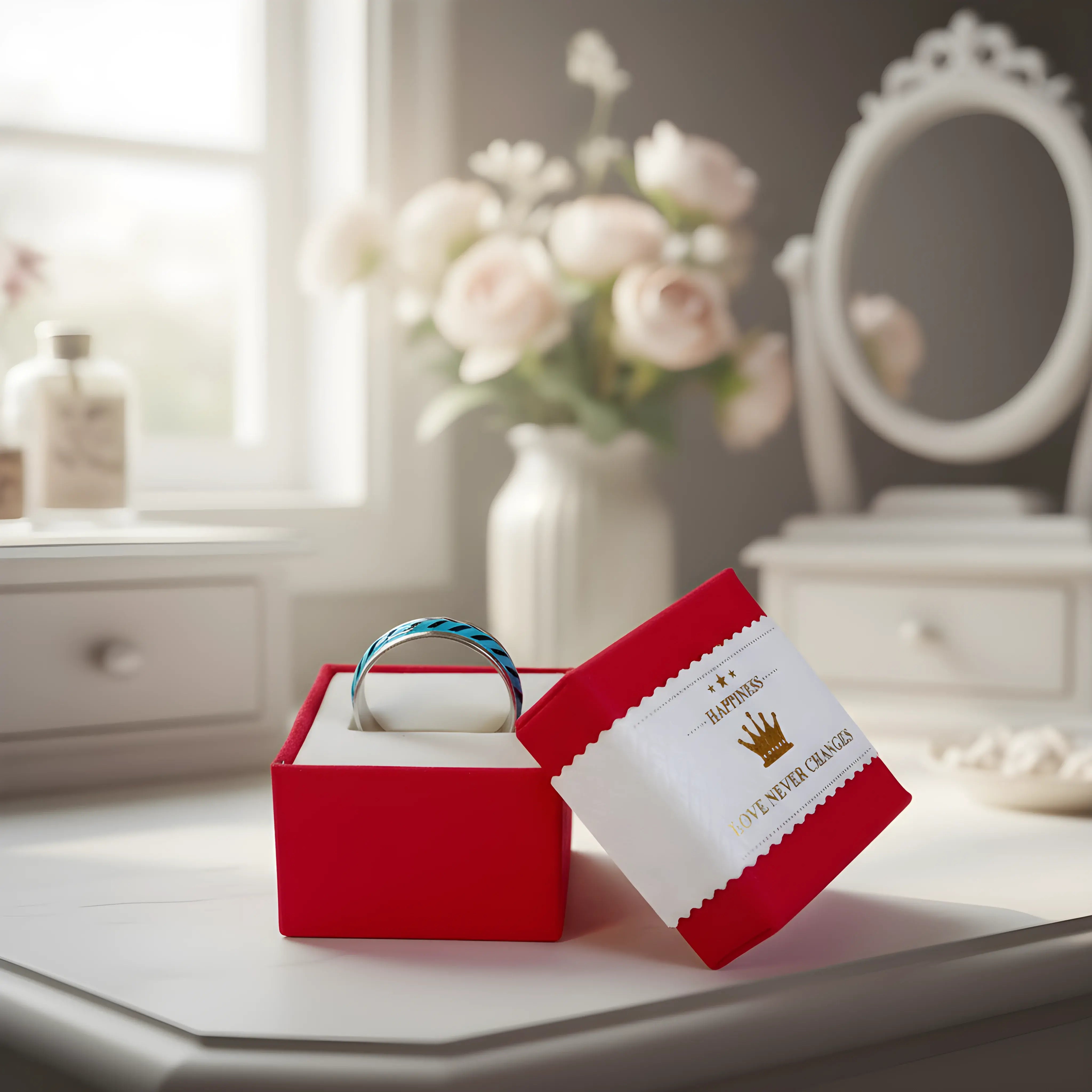 Blue Chevron Inlay Titanium Ring 6.7cm