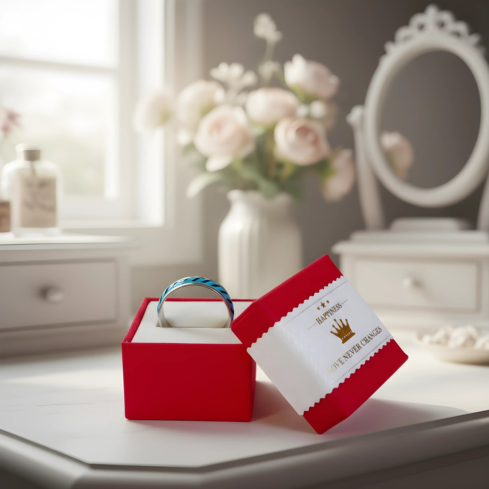 Blue Chevron Inlay Titanium Ring 6.7cm