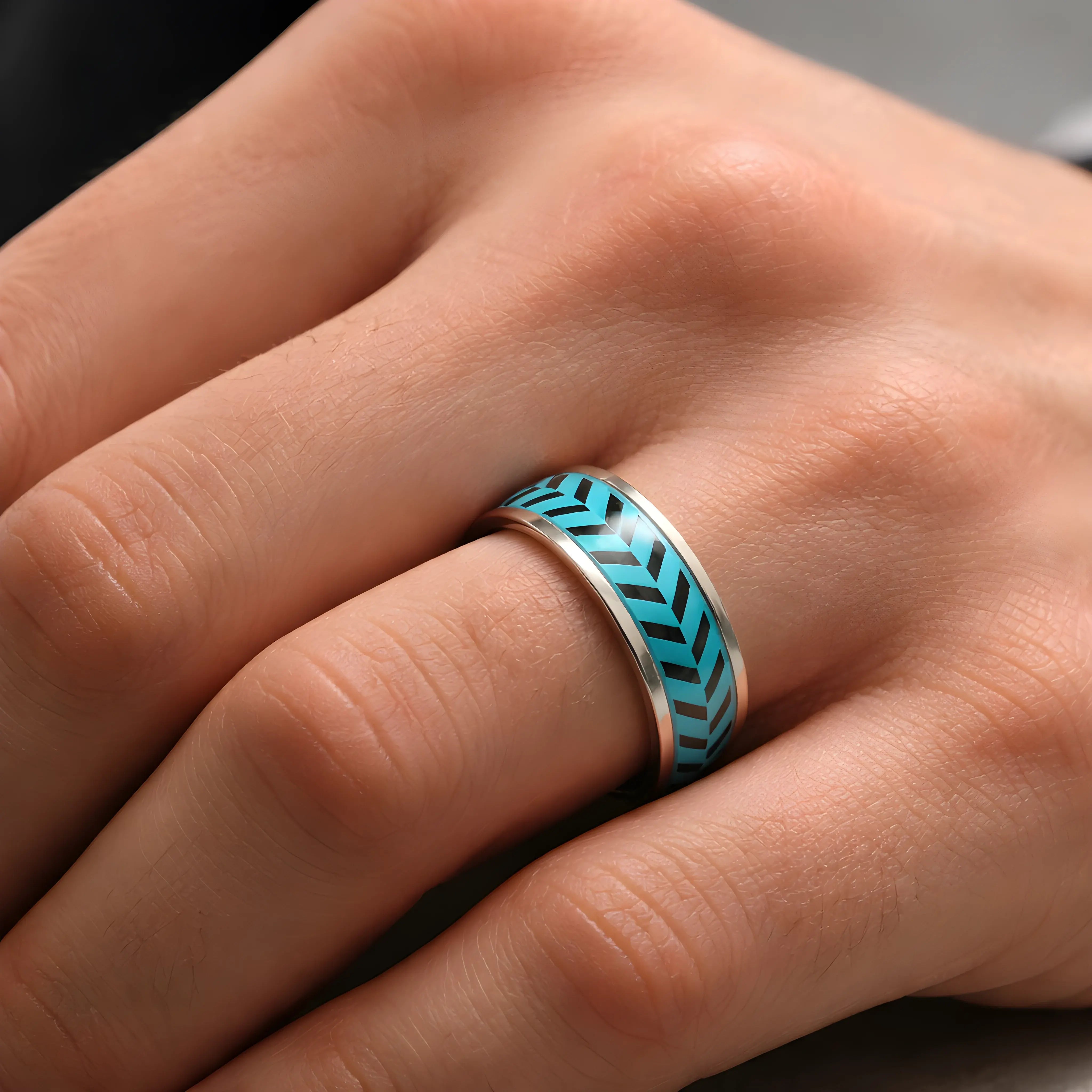 Blue Chevron Inlay Titanium Ring 6.7cm