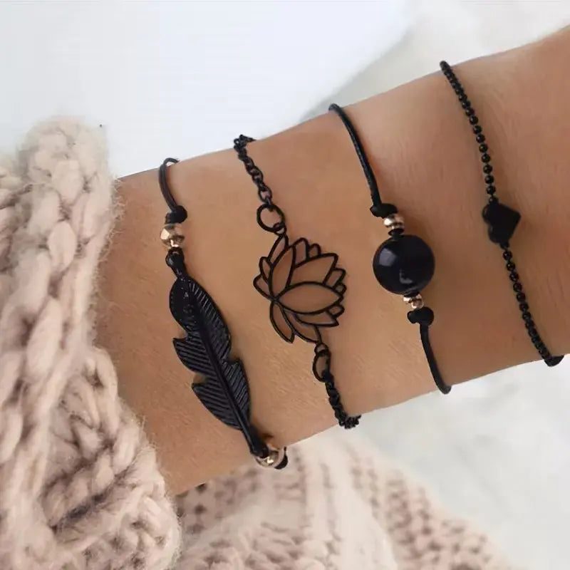 Black Lotus & Feather Bracelet Set