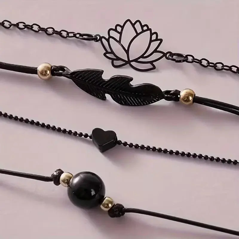 Black Lotus & Feather Bracelet Set